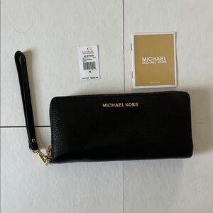 Michael Kors Black Leather Wristlet with Gold Details